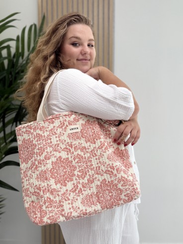 Sac cabas en coton imprimé floral corail AMOUR