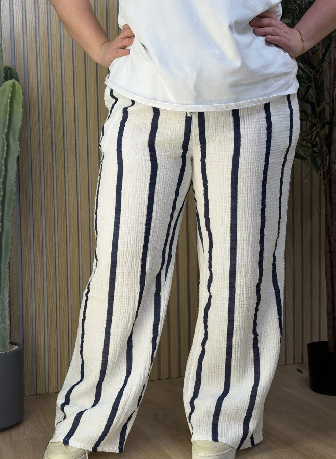 Pantalon gaze de coton rayures bleu