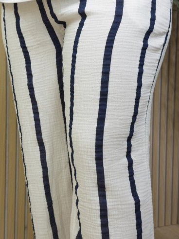 Pantalon gaze de coton rayures bleu grande taille