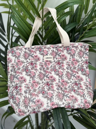 Sac cabas en coton imprimé floral noir AMOUR