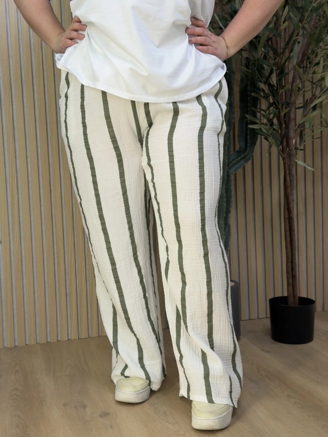 Pantalon Gaze De Coton Rayures Vert