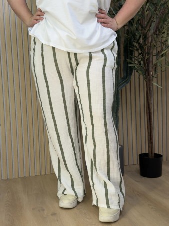 Pantalon Gaze De Coton Rayures Vert grande taille