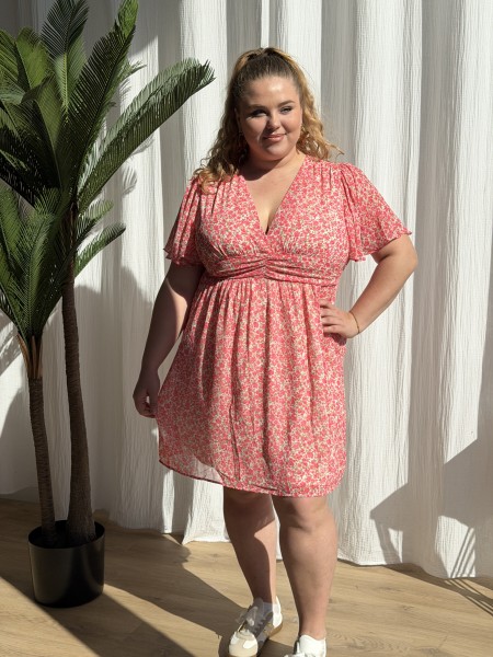 Robe courte mini fleurs Capucine fuchsia grande taille