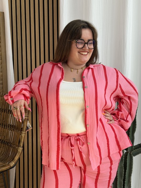 Chemise Gaze De Coton Rayures Fuschia