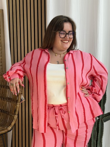 Chemise Gaze De Coton Rayures Fuschia