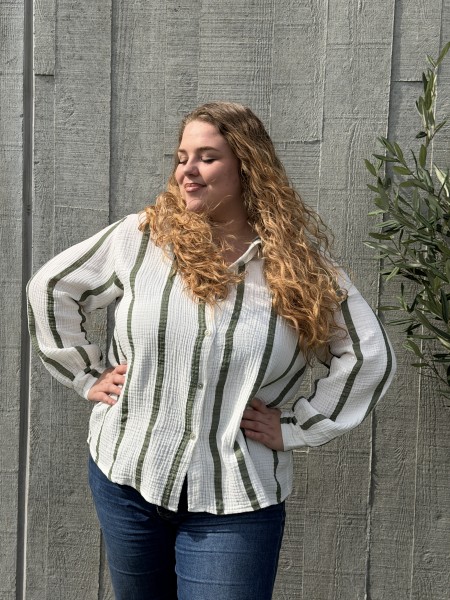 Chemise Gaze De Coton Rayures Kaki grande taille