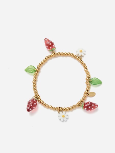 Bracelet doré breloques fraises et marguerites