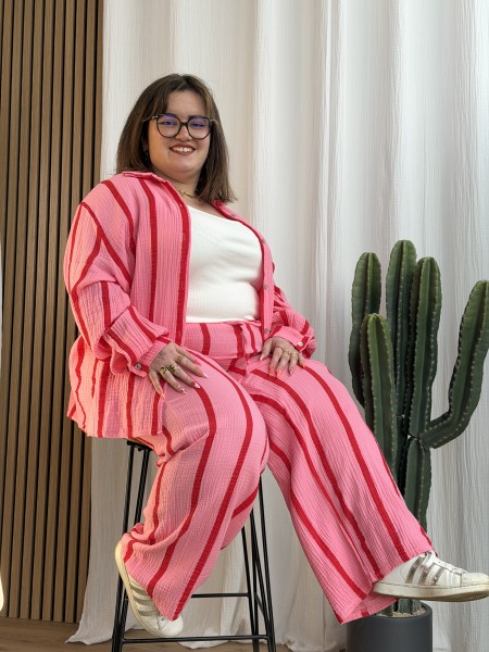 Pantalon Gaze De Coton Rayures Fuschia grande taille