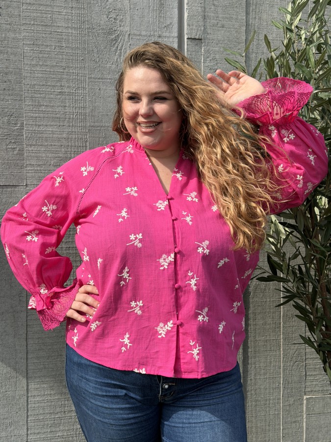 Chemise en coton broderie fleur Iris fuschia