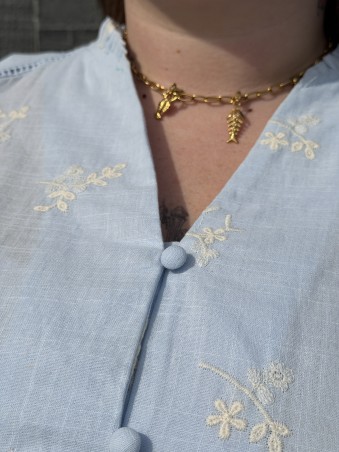 Chemise En Coton Broderie Fleur Iris Bleu