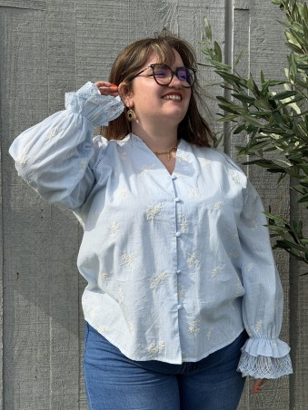 Chemise En Coton Broderie Fleur Iris Bleu grande taille