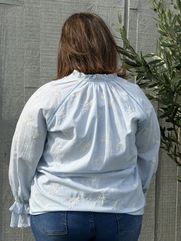 Chemise En Coton Broderie Fleur Iris Bleu grande taille