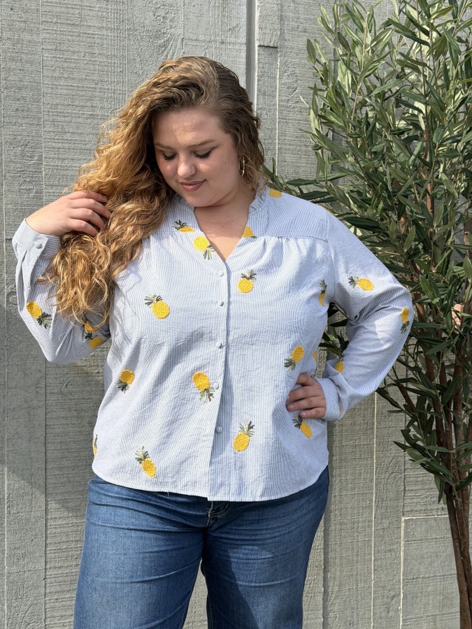 Chemise En Coton Broderie Ananas Bleu