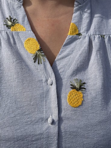 Chemise En Coton Broderie Ananas Bleu grande taille