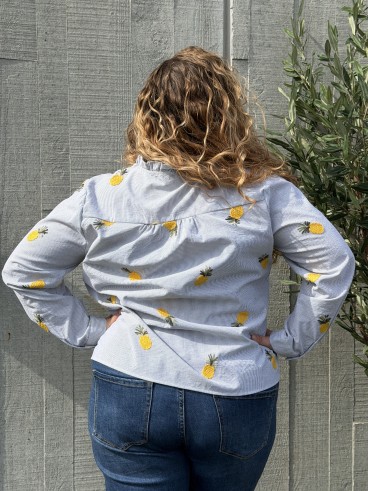 Chemise En Coton Broderie Ananas Bleu grande taille