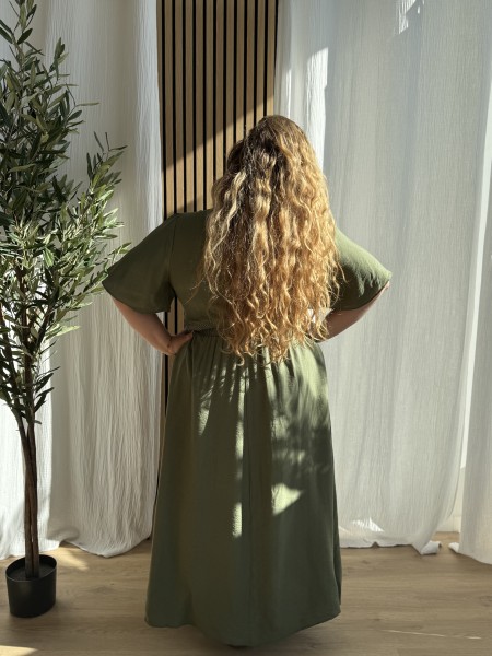 Robe Fluide Longue Ceinture Plissée Kaki