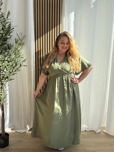 Robe Fluide Longue Ceinture Plissée Kaki grande taille