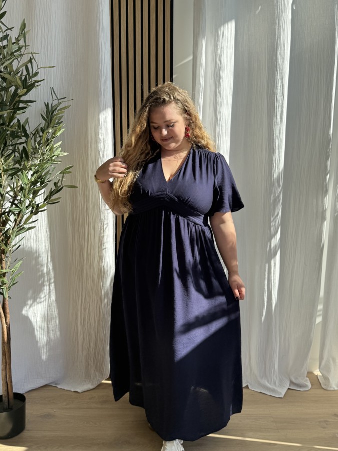 Robe Fluide Longue Ceinture Plissée Bleu Marine