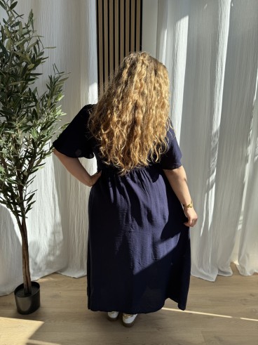 Robe Fluide Longue Ceinture Plissée Bleu Marine grande taille