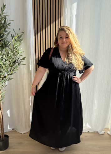 Robe Fluide Longue Ceinture Plissée Noir