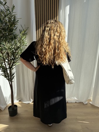 Robe Fluide Longue Ceinture Plissée Noir