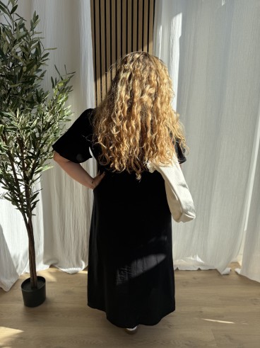 Robe Fluide Longue Ceinture Plissée Noir