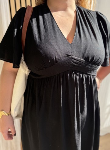 Robe Fluide Longue Ceinture Plissée Noir