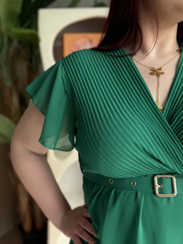 Robe fluide courte plissée Ella verte grande taille