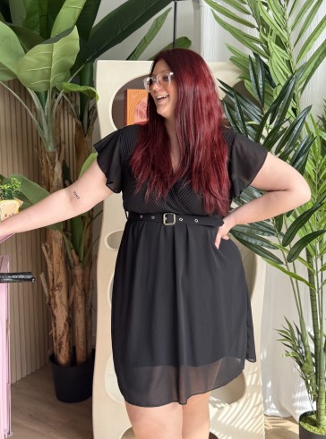 Robe Fluide Courte Plissée Ella Noir grande taille