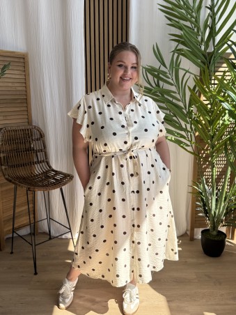 Robe longue chemise à pois écru grande taille