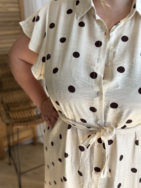 Robe longue chemise à pois écru