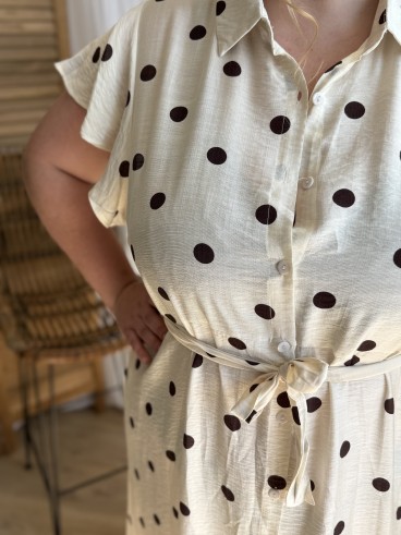 Robe longue chemise à pois écru grande taille