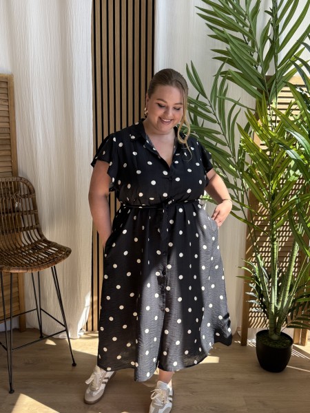 Robe longue chemise à pois noir