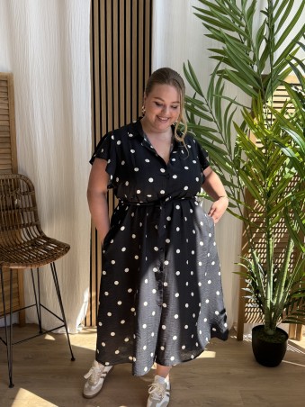 Robe longue chemise à pois noir