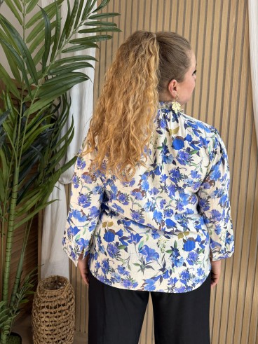 Blouse fleurie col noué bleu grande taille