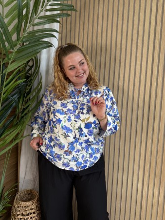 Blouse fleurie col noué bleu grande taille