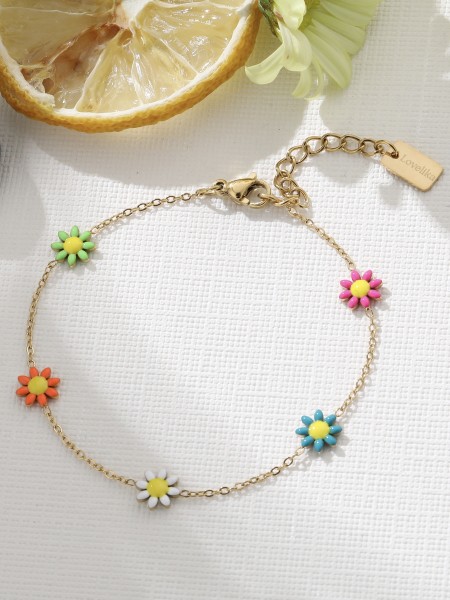 Bracelet doré 5 marguerites colorées