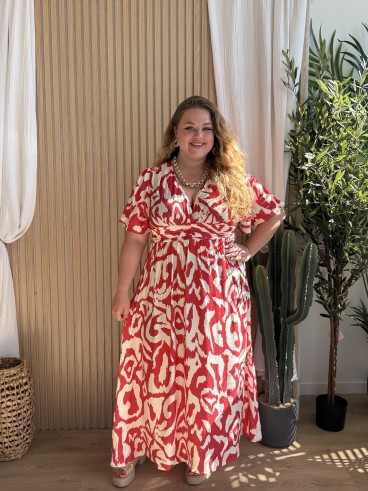 Robe longue fluide labyrinthe Corail grande taille