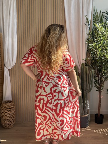 Robe longue fluide labyrinthe Corail grande taille