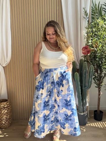 Jupe longue fleurie poche bleu grande taille