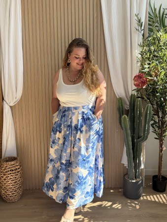 Jupe longue fleurie poche bleu grande taille