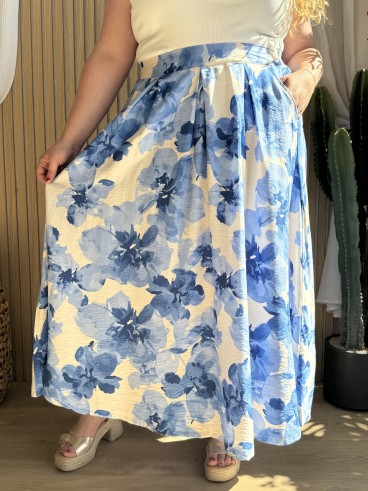 Jupe longue fleurie poche bleu grande taille