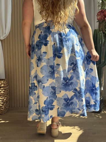 Jupe longue fleurie poche bleu grande taille