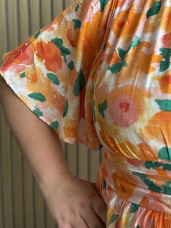 Robe longue fluide peinture de fleurs orange
