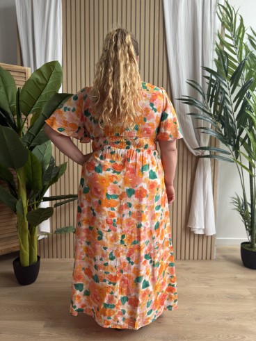 Robe longue fluide peinture de fleurs orange grande taille