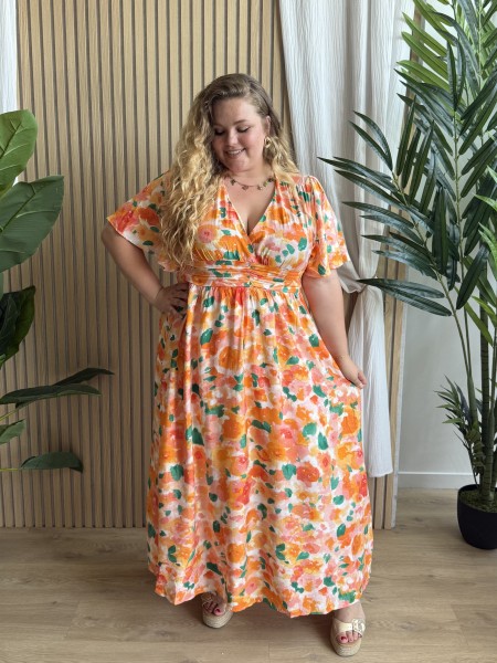 Robe longue fluide peinture de fleurs orange grande taille