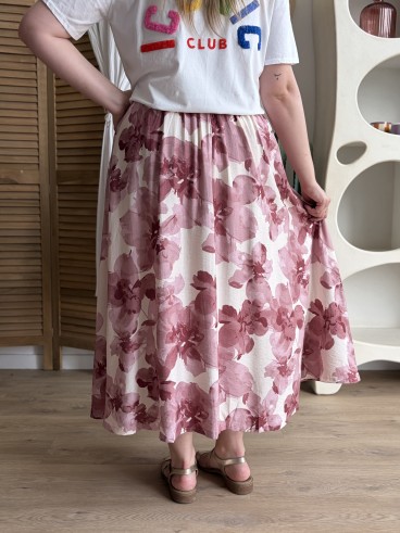 Jupe longue fleurie poche rose grande taille