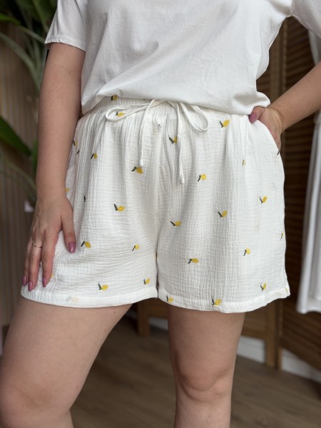 Short en gaze de coton blanc brodé citrons grande taille