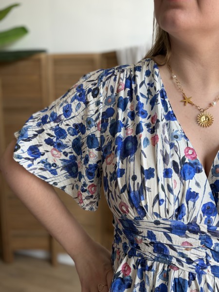 Robe longue fluide coquelicot bleue