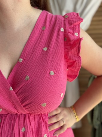 Robe courte en gaze de coton à cœurs dorés fuchsia